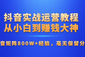 抖音实战运营教程：从小白到赚钱大神，斗音矩阵800W+经验，毫无保留分享