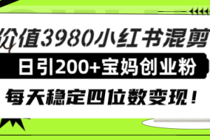 价值3980小红书混剪日引200+宝妈创业粉，每天稳定四位数变现！