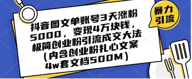 抖音图文单账号3天涨粉5000，变现4万块钱，极简创业粉引流成交大法插图