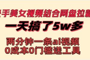 快手美女视频结合网盘拉新，一天搞了50000 两分钟一条Ai原创视频，0成…