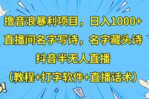 撸音浪暴利项目，日入1000+，直播间名字写诗，名字藏头诗，抖音半无人直播（教程+打字软件+直播话术）【揭秘】